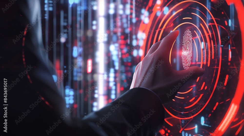 Fototapete businessman scan fingerprint biometric identity and approval concept of the future of security and password control through fingerprints in an immersive technology future and cyberneti : Generative AI