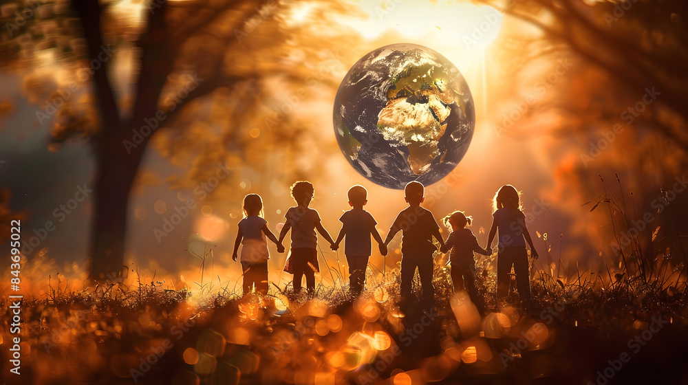 Poster a group of children holding hands. standing in front of the earth globe with sunlight shining on it.