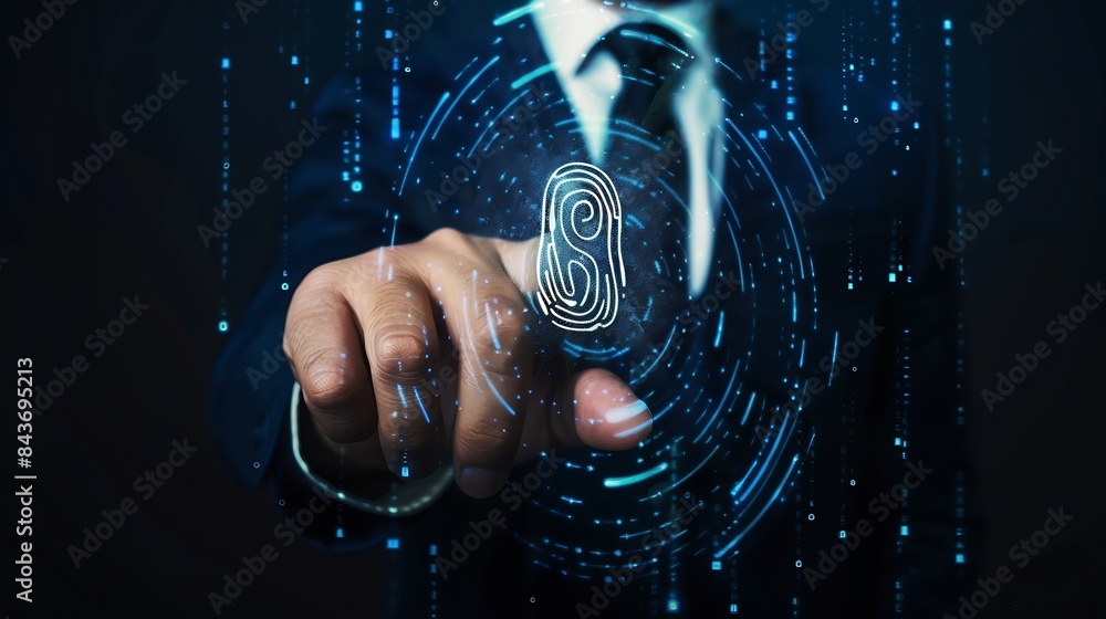 Poster Businessman and fingerprint scanning unlock and access to business data network Cloud Biometric identification and cyber security protect business transaction from online digital cyber : Generative AI