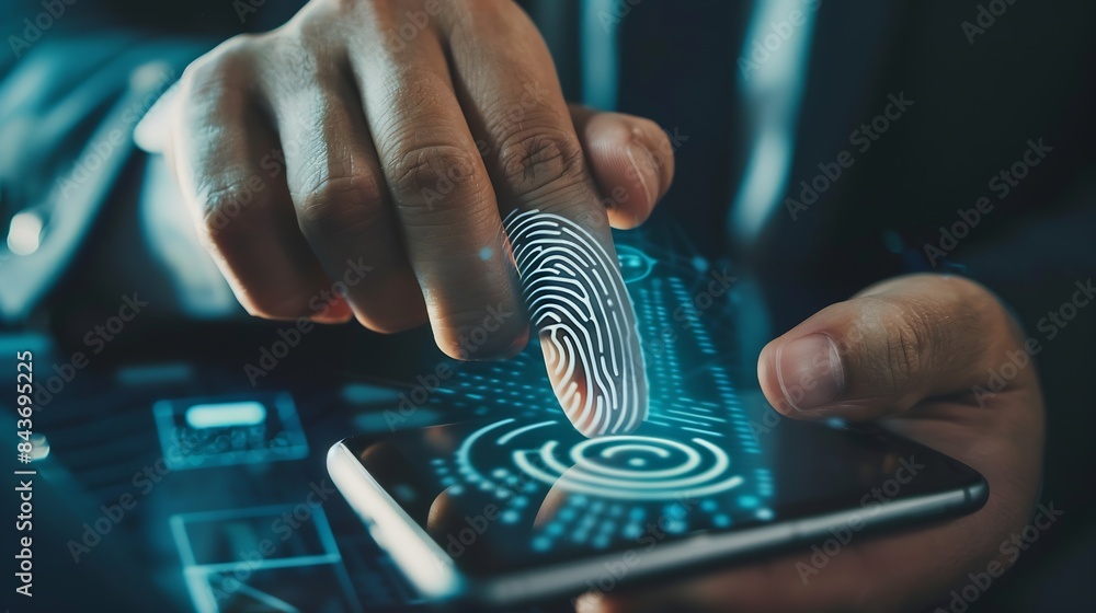 Leinwandbilder Digital banking Cyber security data protection Businessman using fingerprint indentity and face id to access personal financial data biometric security on mobile banking app innovation : Generative AI