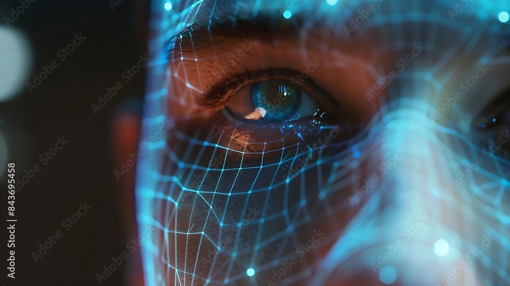 Aufkleber Scan hologram eyes and face of man of biometric data cybersecurity and futuristic technology Holographic portrait identity software and person with future or digital facial recognition : Generative AI