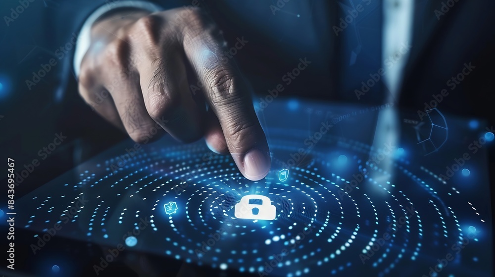 Aufkleber Cyber security network data protection concept Business man using digital tablet biometric security system fingerprint and facial scanning to access personal data cybersecurity softwar : Generative AI