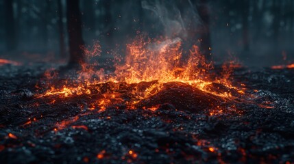 A burning forest floor with intense flames and charred debris, creating a dramatic and dangerous scene at dusk.