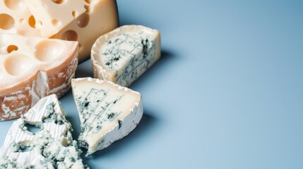 close-up, different types of blue cheese on a minimalistic blue background.