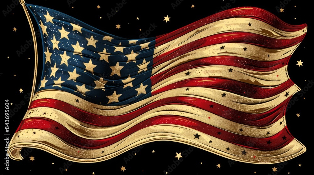 Poster illustrate a festive independence day abstract with bold stripes and stars arranged in dynamic patte