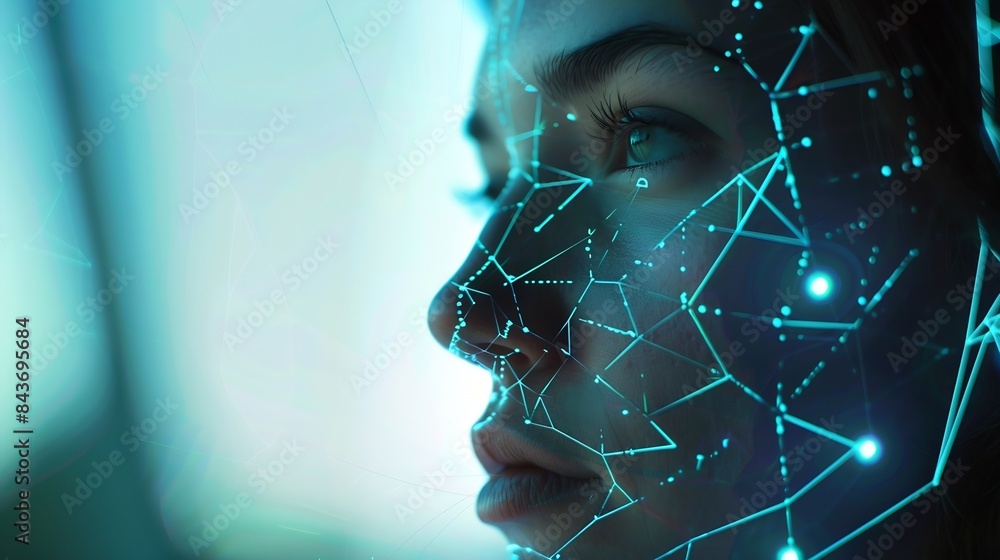 Poster technological scanning biometric facial recognition face id technological scanning face of woman to 