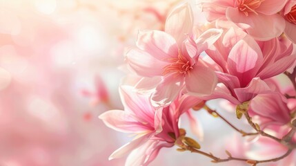 Obraz premium Magnificent pink magnolia flowers on a soft light background in spring