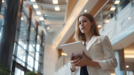 Waist up portrait modern business woman in the office with copy space Female executive wearing businesswear standing outside modern meeting room and checking data on tablet : Generative AI