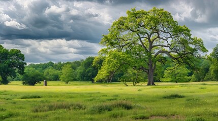 Fort Griswold Battlefield State Park monument and giant oak trees on the meadow Tranquil pasture landscape on a cloudy day : Generative AI