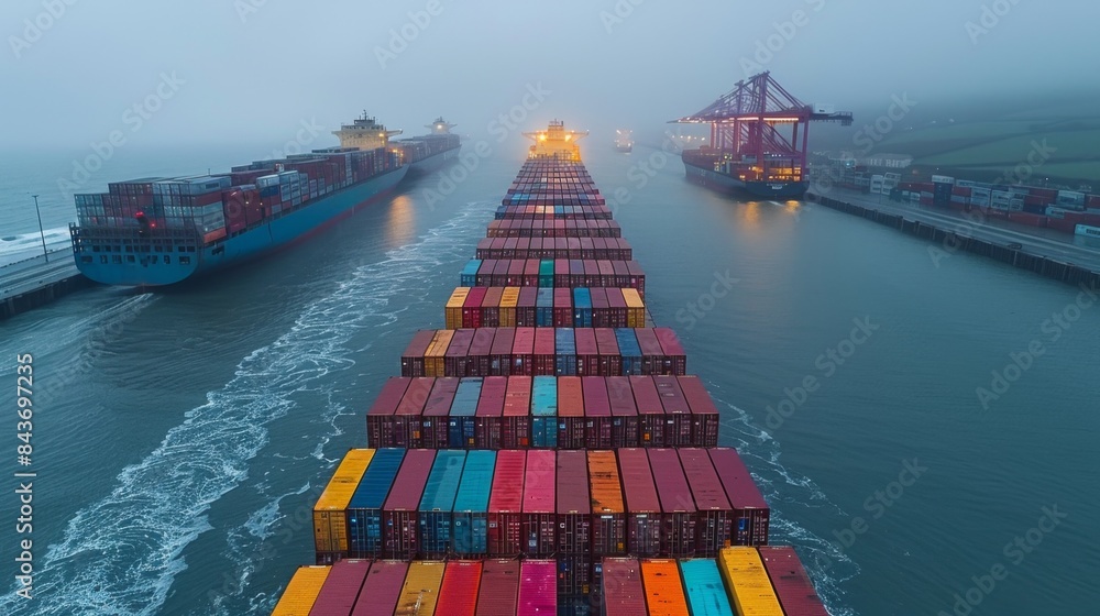 Poster design an image of a port expansion project, with docks and shipping containers being added.