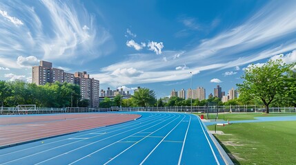 Wide view of the running track playing field and buildings at Denny Farrell Riverbank State Park on a sunny summer day in West Harlem New York City USA : Generative AI