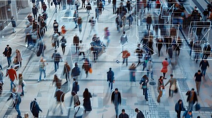 Elevated Security Camera Surveillance Footage of a Crowd of People Walking on Busy Urban City Streets CCTV AI Facial Recognition Big Data Analysis Interface Scanning Showing Personal I : Generative AI