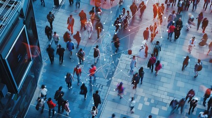 CCTV AI Facial Recognition Camera Zoom in Recognizes Person Elevated Security Camera Surveillance Footage Face Scanning of a Crowd of People Walking on Busy Urban City Streets Big Data : Generative AI