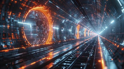 Obraz premium Journeying through a futuristic landscape, where interconnected lights and panels guide the path to technological innovation