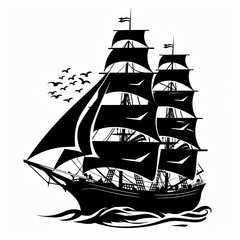 Black silhouette of a sailing boat over white background. Logo.