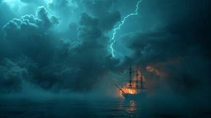 Fototapeta premium Sailing ship in sea water in rain thunderstorm.