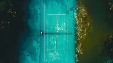 aerial view of a serene bluegreen tennis court in an empty state : Generative AI