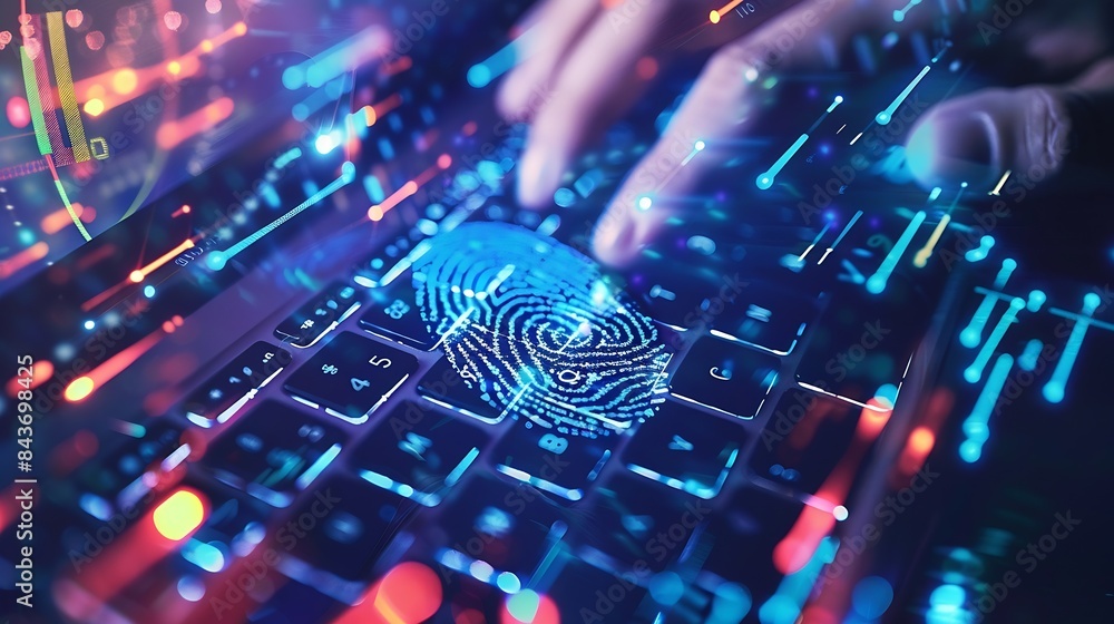 Poster Double exposure of abstract creative fingerprint hologram with hands typing on laptop on background research and development concept : Generative AI