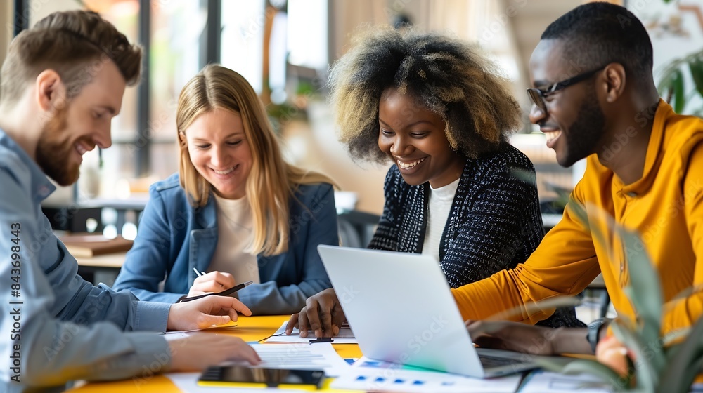 Aufkleber Smiling group of diverse businesspeople going over paperwork together and working on a laptop at a table in an office : Generative AI