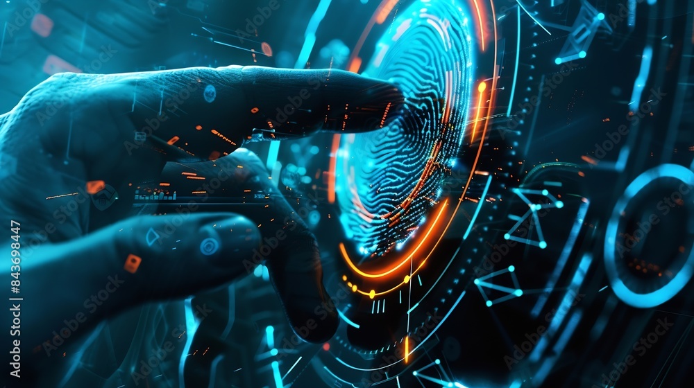 Poster the fusion of art and technology in my captivating collection Discover the power of digital security systems biometric fingerprint scanning and hightech cyber protectionSafeguard your  : Generative AI