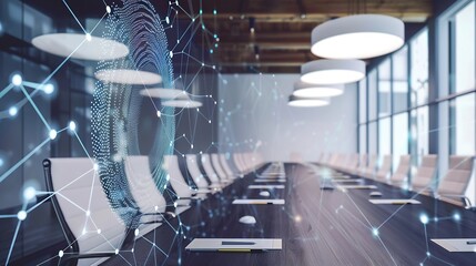 Image of viewfinder and thumbprint with connected dots over empty conference room Digital composite multiple exposure biometric security meeting office networking technology concept : Generative AI