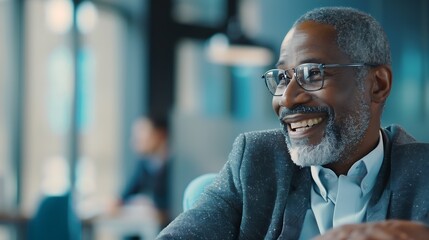 Obraz premium Happy business man listening to a discussion in an office boardroom Business professional sitting in a meeting with his colleagues : Generative AI