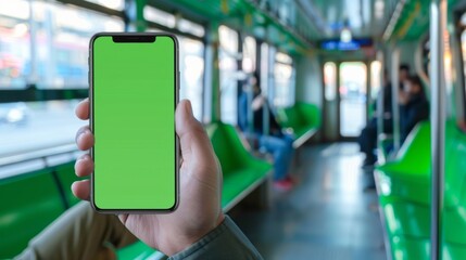 mobile telephone with a vertical green screen in tram chroma key smartphone technology cell phone, empty, message, travel, public, white, mockup, social, wireless, space,