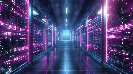 Obraz premium Exploring a neon-lit data hub, where interconnected pathways and binary sequences lay the groundwork for advanced digital infrastructure.