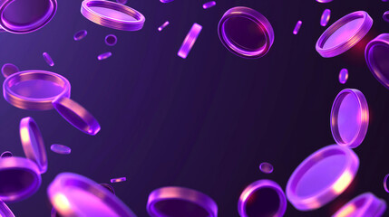 Nameless purple coins levitating and falling. Copy space background