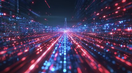 Zooming through a futuristic data highway, where red and blue light trails illustrate the swift transfer of data bytes.
