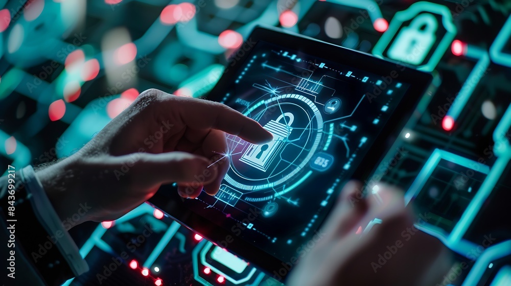 Poster Cyber security network Data protection concept Businessman using digital tablet with biometric network security technology to access privacy data and management computer crime data enc : Generative AI