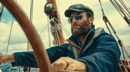 A ship captain is navigating a ship in sea.