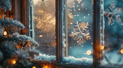 Frosty window with snowflakes and holiday decorations.