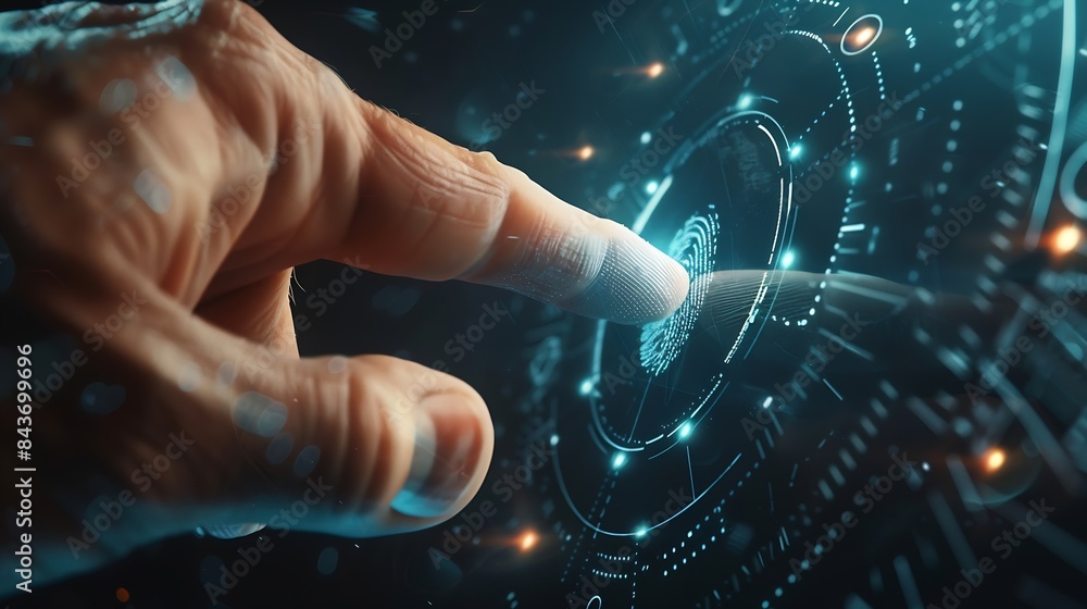 Poster Man using thumb to scan finger print or for digital processing  biometric identification  to access  security system includes internet banking cloud system and mobile phone  Cyber secu : Generative AI