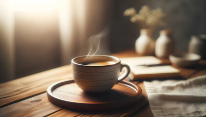 Fototapeta premium Warm Cup of Coffee on Tray with Sunlight in Cozy Home