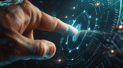Man using thumb to scan finger print or for digital processing  biometric identification  to access  security system includes internet banking cloud system and mobile phone  Cyber secu : Generative AI