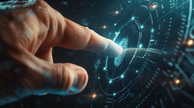 Man using thumb to scan finger print or for digital processing  biometric identification  to access  security system includes internet banking cloud system and mobile phone  Cyber secu : Generative AI - Powered by Adobe