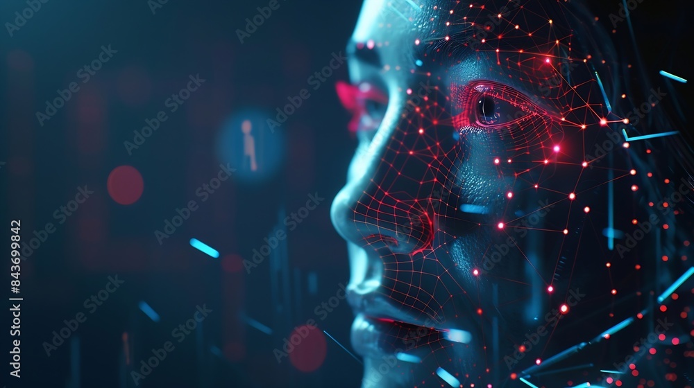 Aufkleber Technological Scanning Biometric Facial Recognition Face Id Technological Scanning face of woman to identify and login for mobile phone user cyber security personal data protection con : Generative AI