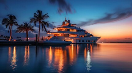 Obraz premium Luxury yacht in sea water at sunset with colorful sky and palm tree.