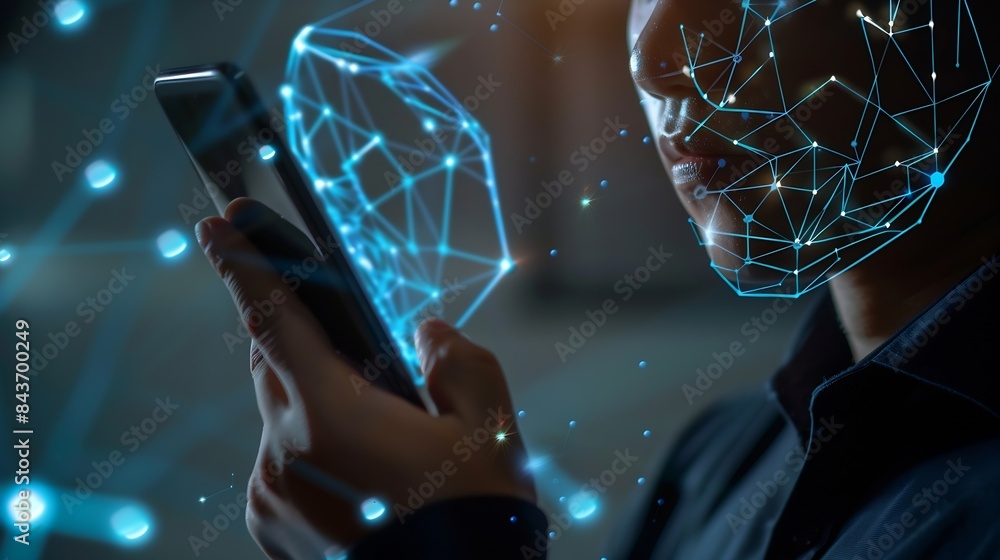 Poster Facial recognition biometric security system cyber security network technology data protection concept Man using mobile phone with face scanning unlocked to access personal data and ne : Generative AI