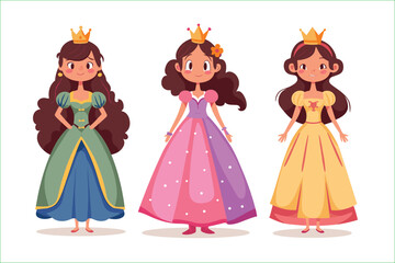 Set of beautiful princesses in luxurious dresses on a white background. set of cute happy princess girl, isolated on white background. 