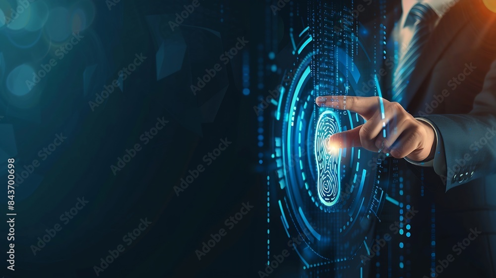 Fototapete Businessman access scan fingerprint biometric identity and approval Secure access granted by valid fingerprint scan cyber security on internet cybernetic business concept : Generative AI
