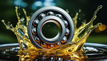 close-up view of a metal bearing with dynamic oil splashes. The oil splashes symbolize machinery lubrication, and this image would be perfect for any project that needs to depict that concept.