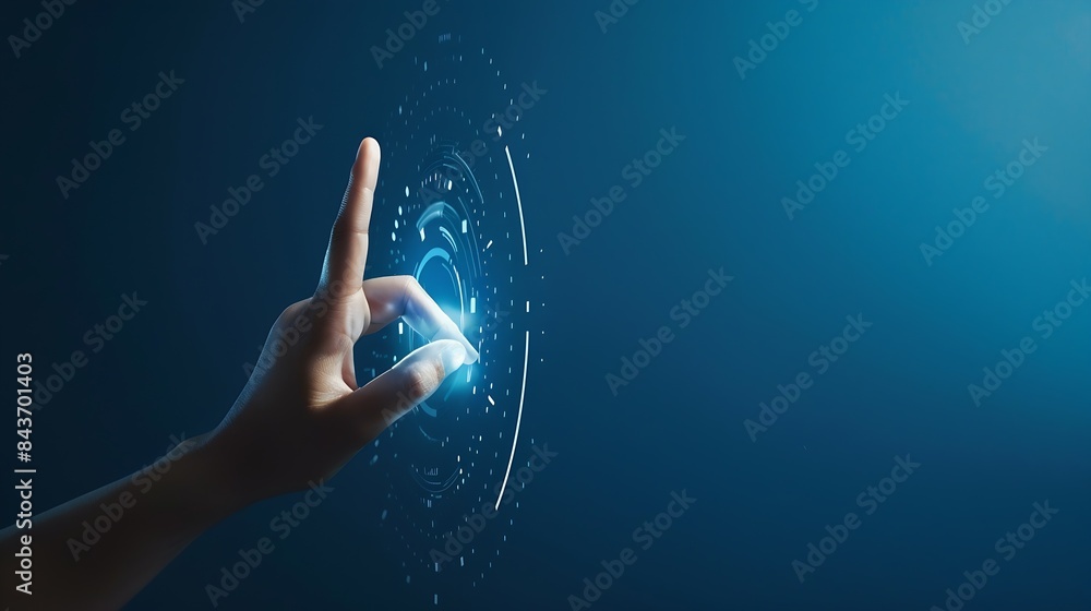 Aufkleber Studio press and woman with finger on choice with technology button or password access on app Hand biometric security system and vote selection decision or user experience on blue back : Generative AI