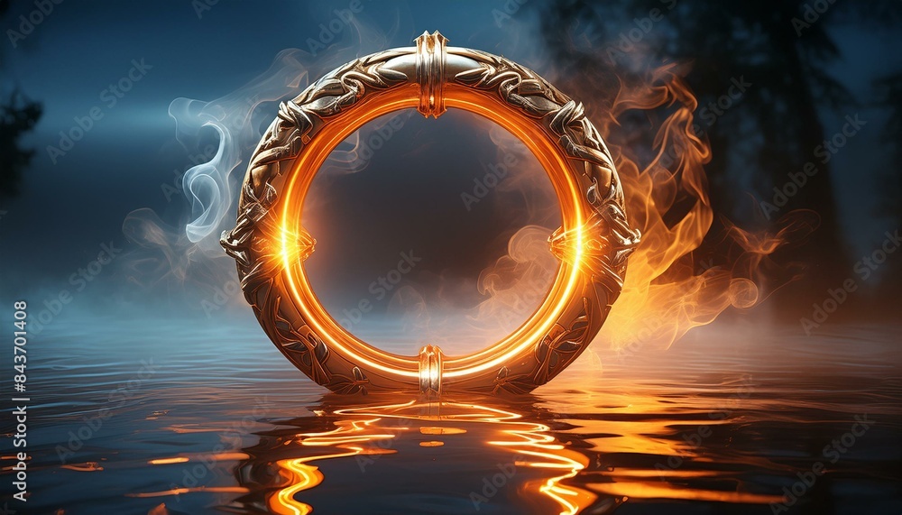 Poster Fiery Glowing Ring in Dark Smokey Background Reflected on Water Surface Symbolizing Power