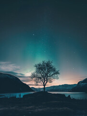 A tree on the hill, Aurora in the background