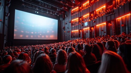 A large group of people watching a movie in a red-seated cinema hall with a widescreen visible in front
