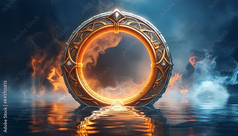 Sticker Fiery Glowing Ring in Dark Smokey Background Reflected on Water Surface Symbolizing Power