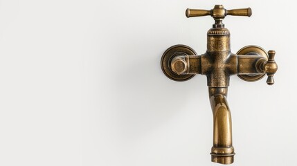 Antique brass tap against a blank white backdrop