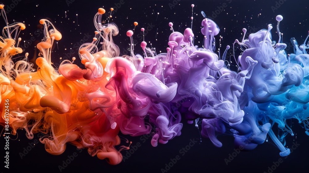 Poster an explosion of colorful inks mix in water, creating a beautiful abstract pattern ideal for backgrou
